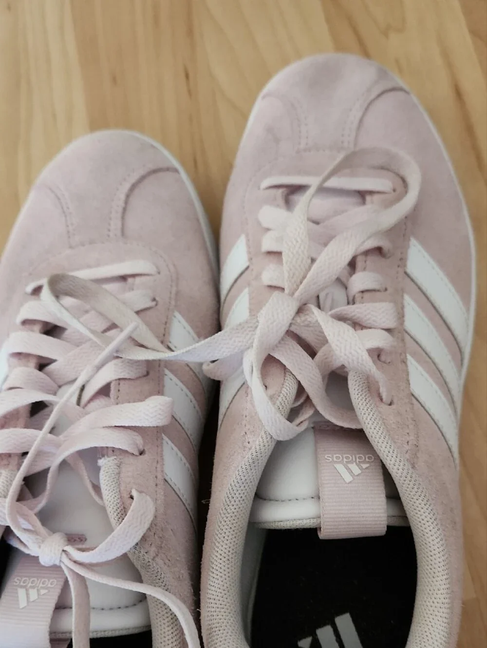 adidas Women’s Light Pink Suede Sneakers with White Stripes